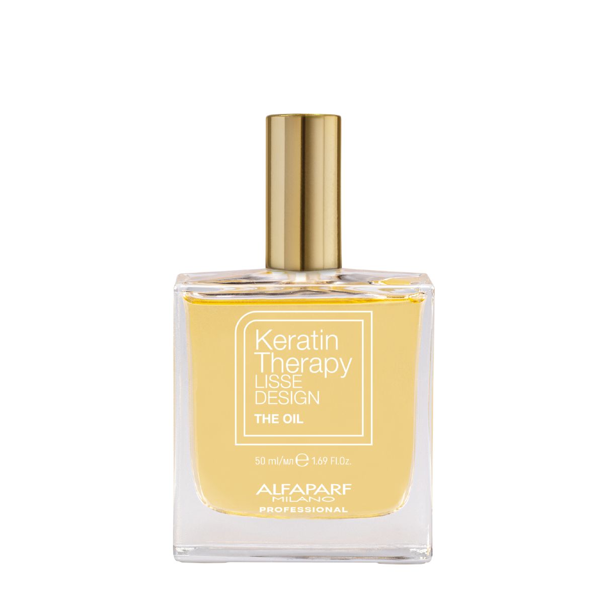 Alfaparf Milano Professional Keratin Therapy Lisse Design The Oil 50ml Clear square perfume bottle with a gold cap containing yellow oil; label reads Keratin Therapy Lisse Design The Oil by Alfaparf Milano.