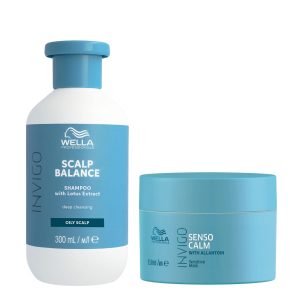 Wella Professionals Scalp Balance shampoo bottle and a blue Senso Calm mask container beside it, hair care duo in blue packaging