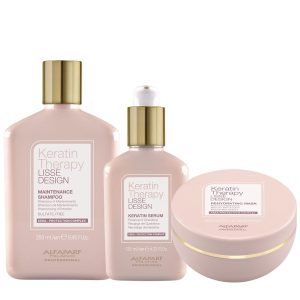 Set of three pink Keratin Therapy Lisse Design hair care products: maintenance shampoo, keratin serum, and hydrating mask with gold caps and white labels