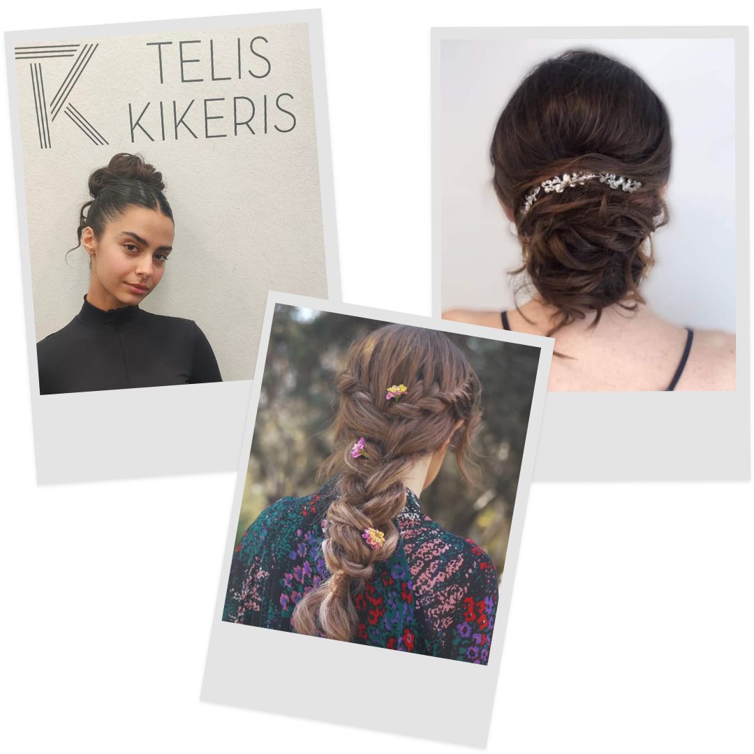 A collage of three polaroid-style photos showcasing braided updo hairstyles with decorative flowers and pins. It highlights different formal hairdos from back view and side profile.