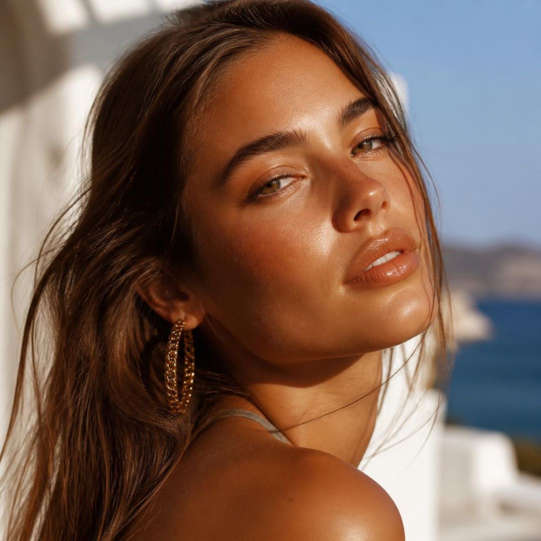 Close-up portrait of a woman with sunlit skin and large gold hoop earrings, gazing toward the camera with a blue sea and sky in the background.